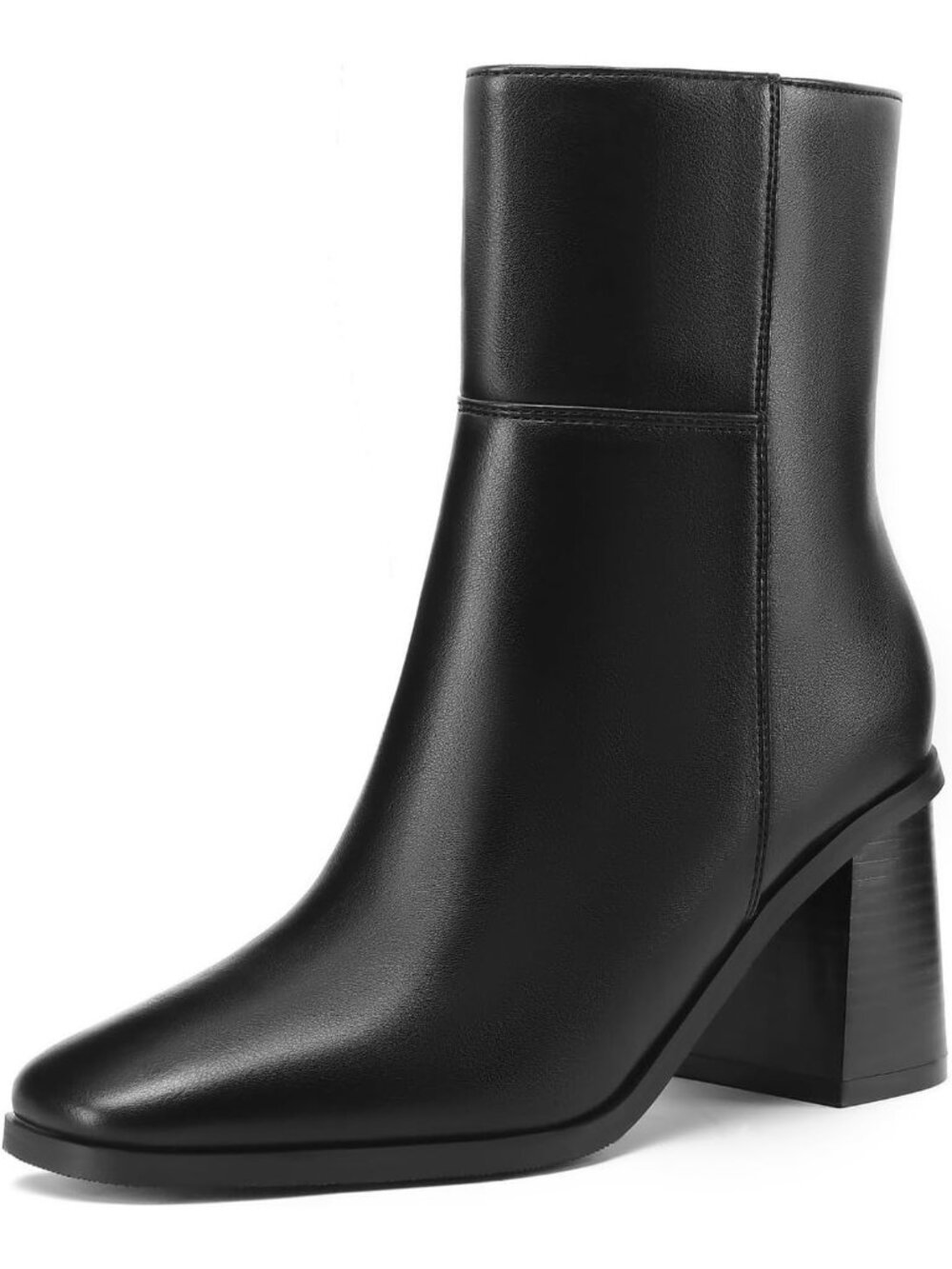 Women's Black Ankle Boots Square Toe Block Stacked Low Heel Short Dress Booties